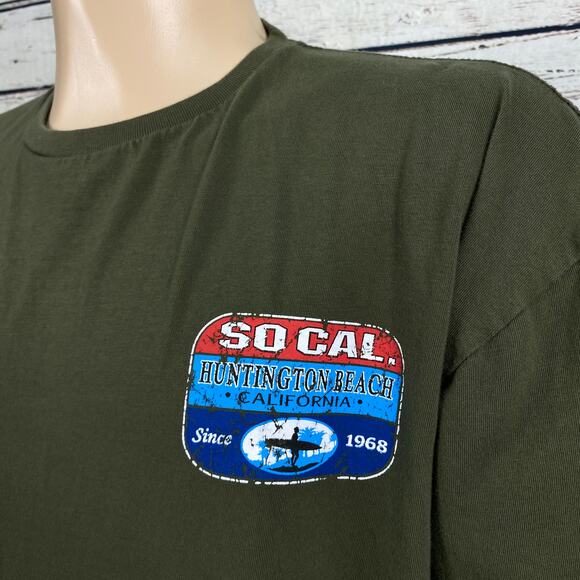 So Cal Huntington Beach Surfer Green Distressed Print Men's T Shirt 2XL - Picture 2 of 5